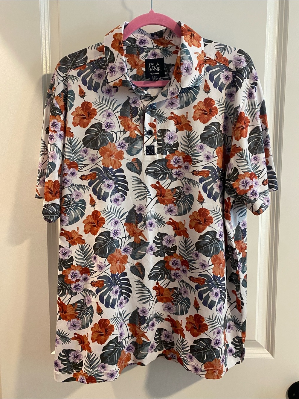 Jos. A. Bank White Polo with Orange & Purple Floral Print